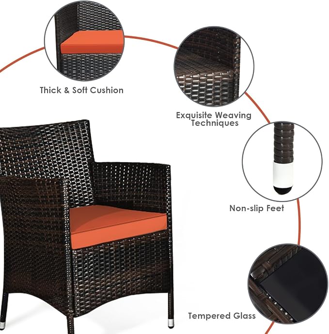 8 Pieces Patio Sofa Set, Wicker Conversation Set with Ergonomic Curved Backrest, Water-Resistant Cushion & Tempered Glass Table for Balcony, Porch (Orange)