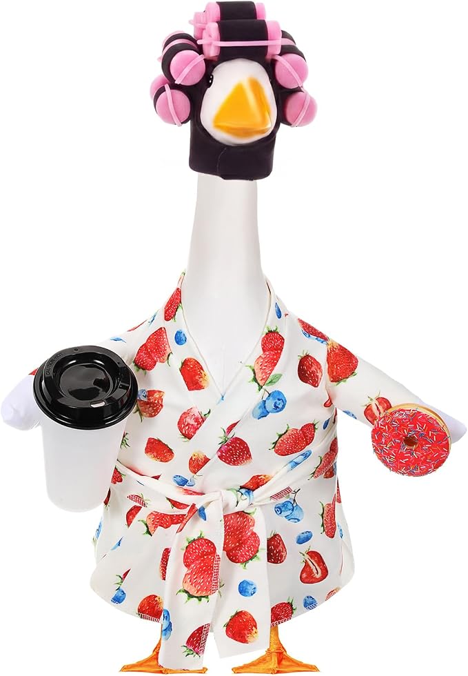 Shyyween Summer Lady Porch Goose Outfit for 23 Inch Cement Plastic Goose Statue Clothes Strawberry Blueberry Bathrobe Coffee Cup Curlers for Outdoor Decoration