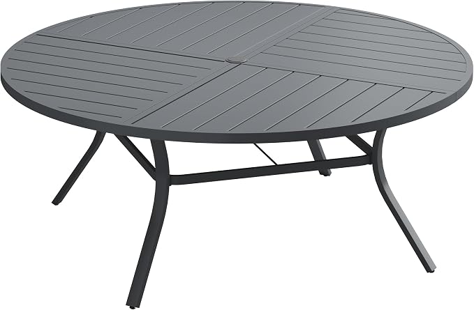 60" Outdoor Dining Table with Adjustable Umbrella Hole, Metal Slatted Round Patio Dining Table for Backyard Garden Deck, Dark Grey