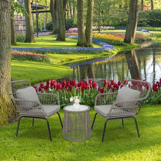 Guest Patio Wicker Conversation Bistro Set Great by The Pool Comfortable Rattan Chair Conversation Sets with Tempered Glass Table