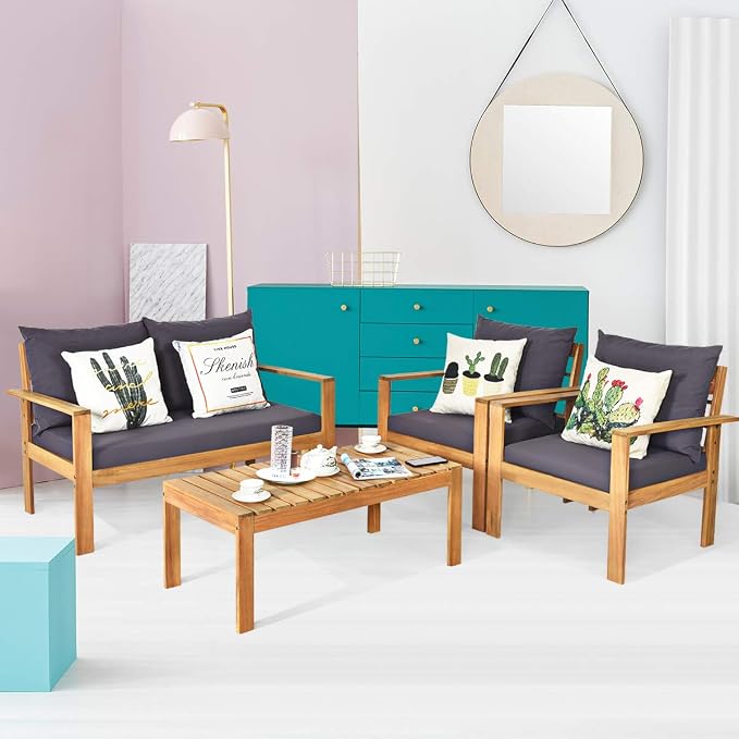 COSTWAY 8 Pieces Outdoor Acacia Wood Sofa Set, Outdoor Conversation Sofa Set with Table & Cushions Porch Chairs for Garden, Patio, Deck