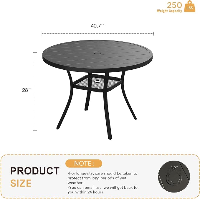 VICLLAX Metal Outdoor Dining Table for 4, All Weather 40.7" Black Round Patio Table with Adjustable Umbrella Hole for Lawn, Garden, Balcony and Poolsides, Black Tabletop