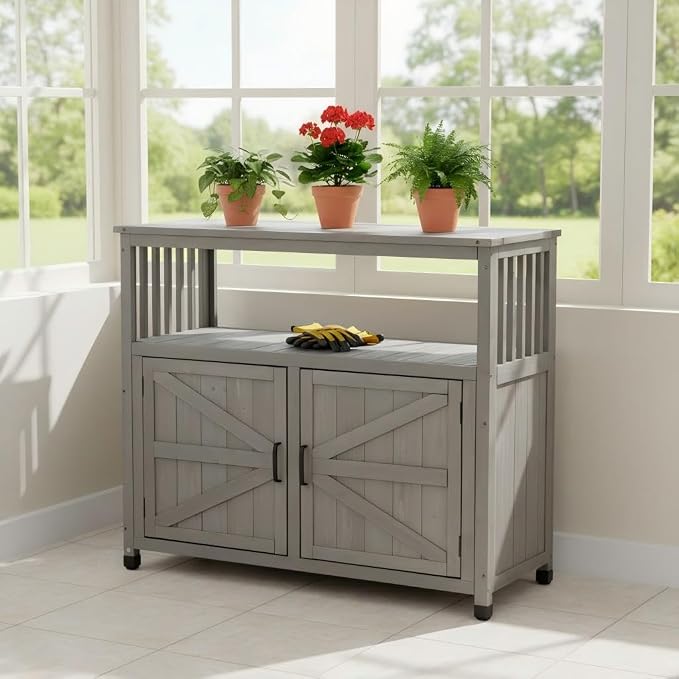 Wooden Outdoor Storage Cabinet, Outdoor Bar Table Cabinet with Storage, Outdoor Buffet Sideboard for Patio, Garden, Potting Bench, TV Stand, Bar Table, Balcony, Grey