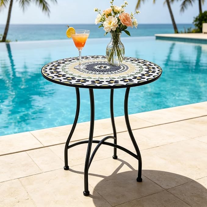 24 Inch Mosaic Patio Round Side Table with X-Curved Legs Indoor and Outdoor Accent End Table for Yard, Garden, Living Room, Bistro, B - Black Floral