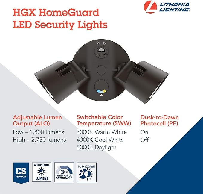 Lithonia Lighting HomeGuard 2-Light LED Outdoor Flood Lights, 3-In-1 CCT | Dark Bronze Dusk to Dawn Outdoor LED Lights, Adjustable Lumens Selectable CCT Round Heads HGX LED 2RH ALO SWW2 120 PE DDB