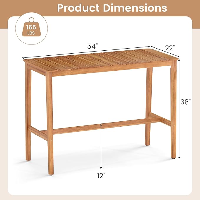 HAPPYGRILL Acacia Wood Outdoor Bar Table 55 Inch, Rectangular Pub Table with Slatted Top and Adjustable Foot Pads, for Hot Tub, Balcony, Garden and Poolside