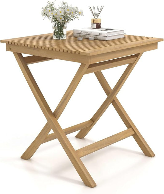 Tangkula 27.5 Inch Teak Wood Patio Dining Table, Square Outdoor Bistro Table with Slatted Tabletop, Sturdy Wood Frame & Thickened Top, Teak Outside Dining Table for Balcony, Deck, Porch, Backyard