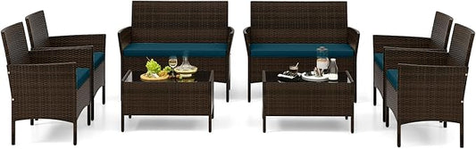 Tangkula 8 Piece Patio Rattan Conversation Set, Outdoor Wicker Furniture Set with Chair, Loveseat & Tempered Glass Table, Cozy Seat Cushions, Outside Sectional Sofa Set for Backyard (2, Peacock Blue)