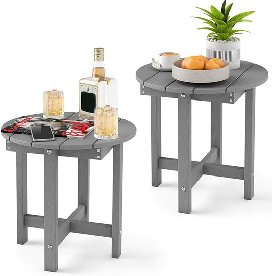 Tangkula Round Outdoor Side Table Set of 2, Adirondack Side Table with Weather-Resistant, Waterproof Top, Small Outside End Table for Patio Deck Pool Porch, Easy Maintenance (Grey,2)