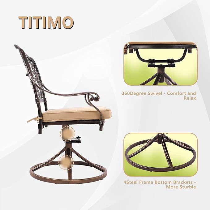 TITIMO 7-Piece Cast Aluminum Patio Dining Set, Outdoor Dining Furniture Patio Conversation Set, Rectangular Table w/Umbrella Hole for Backyard Deck Poolside (Khaki-Swivel Grid Chair, 7 Pcs)