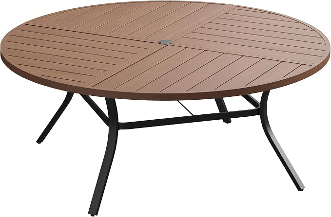 60" Outdoor Dining Table with Adjustable Umbrella Hole, Metal Slatted Round Patio Dining Table for Backyard Garden Deck, Walnut
