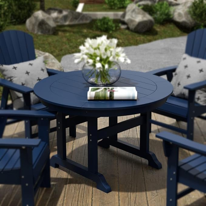 WestinTrends Malibu Patio Dining Table, All Weather Poly Lumber Adirondack 47" Trestle Round Outdoor Table with Umbrella Hole, Navy Blue