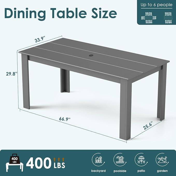 IVY&LANE Outdoor Dining Table | HDPE | 67’’ Rectangle Tables | Grey | All Weather | Umbrella Hole | Patio Furniture | for Poolside Lawn Garden Backyard
