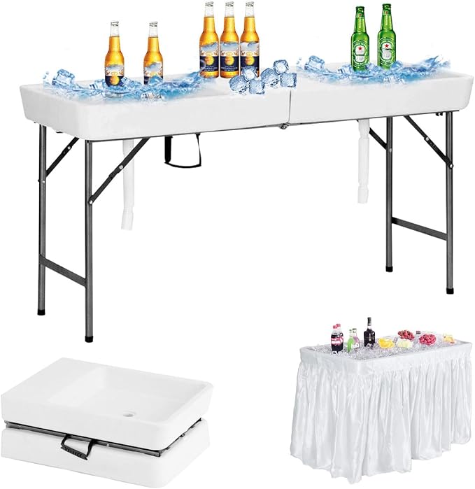 Folding Ice Cooler Table 5ft with Drain, White | Portable Chill Station, No Setup Required, Skirt-Ready, For Parties, Picnics & BBQs, Load & Serve Drinks & Food