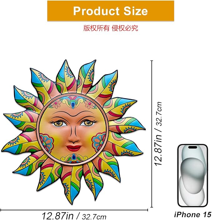 Daogtc Metal Sun Wall Decor - Sun Flower Wall Art Decoration,Hanging Decoration for Home Garden Farmhouse Yard Patio Fence Living Room Bedroom (SUN-G)