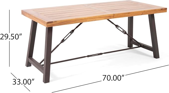 70'' Outdoor Patio Dining Table & 2 Bench for 4, Acacia Wood Farmhouse Dining Table Set Outdoor & Indoor Furniture for Patio Porch Garden, H-Shaped Metal Base, 3-Pcs, Teak