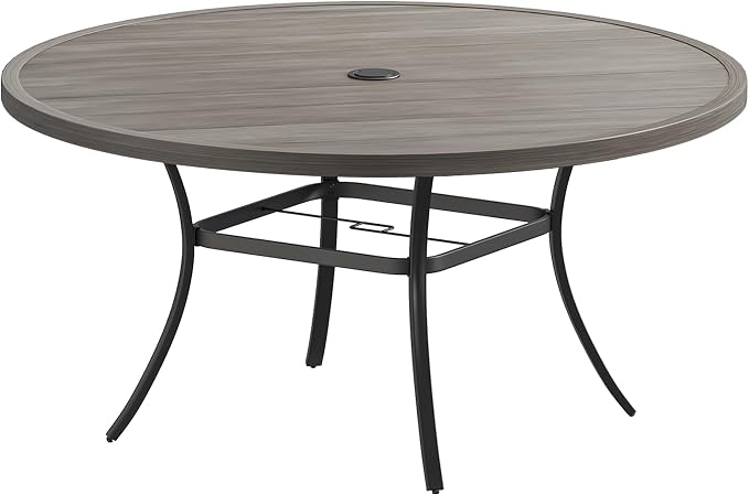 VICLLAX 63" Round Patio Table, Outdoor Dining Table for 8-10 with Umbrella Hole for Garden Lawn Deck Backyard, Antique Grey