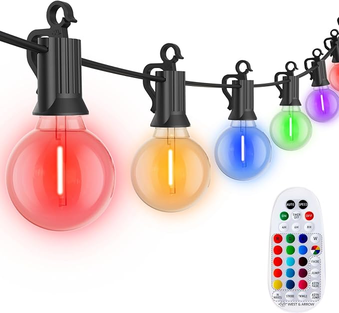 Brightown Outdoor String Lights 58 Feet G40 LED Patio Lights, RGB, Remote | 25 Plastic Edison Bulbs, Timer, Waterproof Connectable Outside Light for Backyard Porch Balcony Party Christmas Decoration