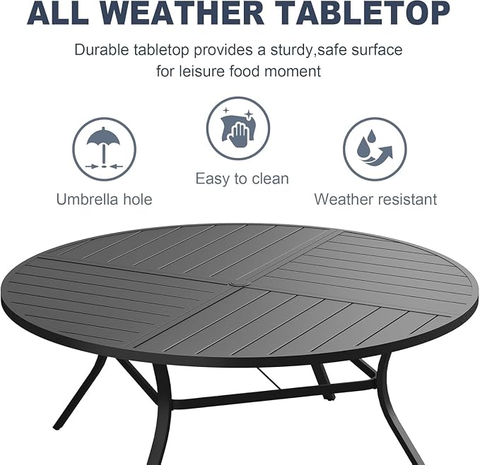 VICLLAX 11 Pieces Patio Outdoor Dining Set, 60" Large Round Metal Table with Umbrella Hole and 10 Stackable Textilene Chairs for Patio, Lawn, Garden, Porch, Black/Dark Blue