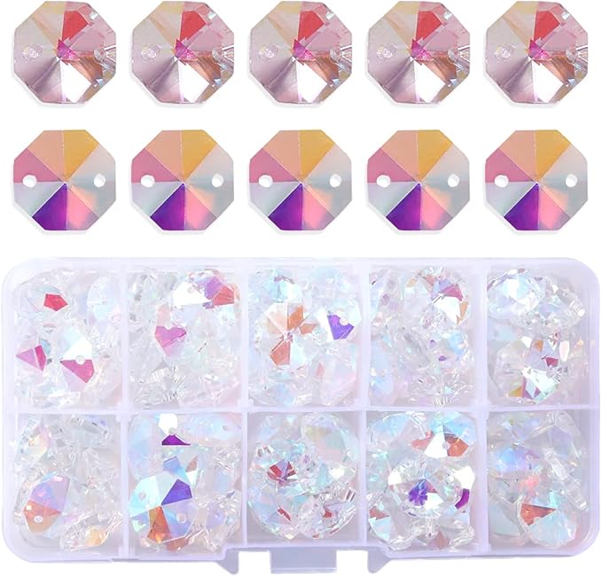 LONGWIN Lot 100pcs AB Color Glass Octagon Beads for Crystal Chandelier Parts Replacement DIY Lamp Hanging Pendant Suncatcher