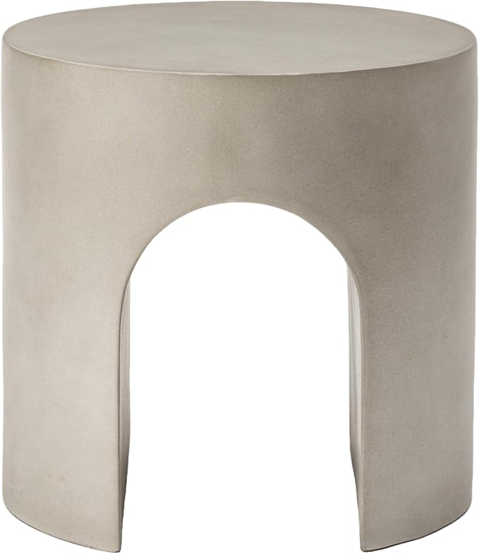 HOMPUS Outdoor Side Table, Concrete End Table w Arch Design, Round Patio MgO Coffee Lightweight Table, Modern Accent Stone Garden Stool for Indoor Outdoor Use, Gray