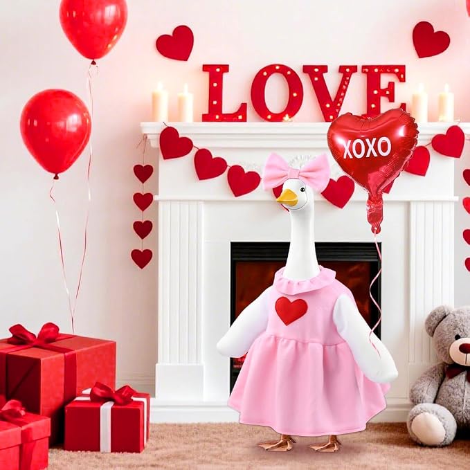 Valentine's Day Goose Outfit with Balloon for 23" Porch Goose Holiday Pink Red Heart Cloths Costume Valentines Party Outdoor Garden Patio Yard Lawn Art Decoration