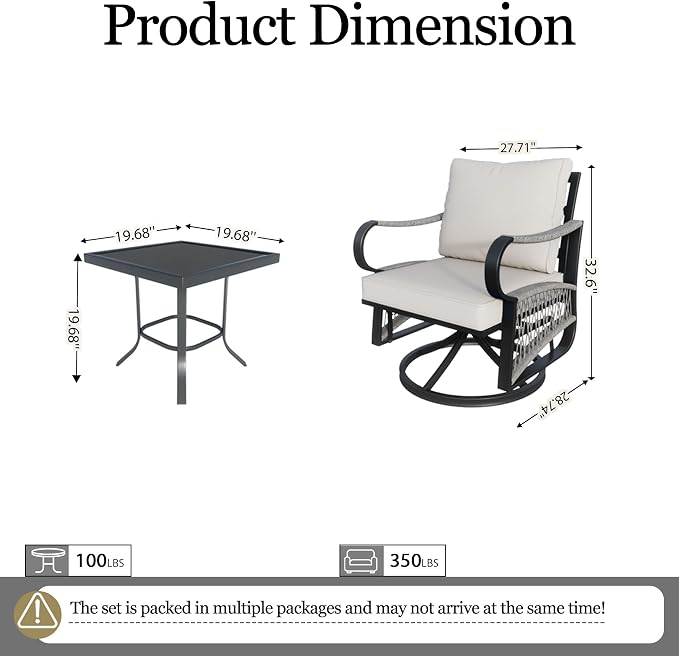 3 Pieces Outdoor Furniture Set, Metal 360° Swivel Rocking Chairs Bistro Sets, Patio Conversation Set with Side Table for Deck, Porch, Garden, Backyard, Poolside (Beige Cushions)