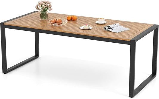 RELAX4LIFE Patio Outdoor Dining Table for 8, 79’’ x 35.5’’ Acacia Wood Rectangular Table w/2’’ Umbrella Hole, Slatted Top & Metal Legs, Indoor Outdoor Picnic Bistro Table, 8-Person Patio Dining Table