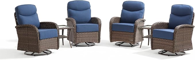 Outdoor Swivel Rocking Chair Patio Set (6PCS), High-Back - Thick Cushion Swivel Rocking Chair Patio Set, All-Weather Wicker Patio Furniture Set, Suitable for Balcony Patios, Brown/Blue