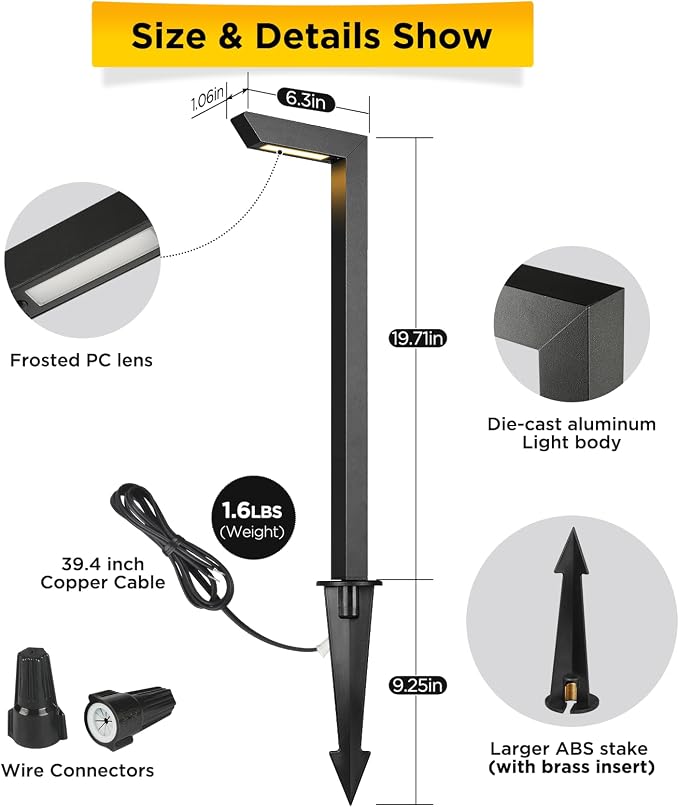 3CCT LED Low Voltage Landscape Pathway Light, 12V Premium 3000K/4000K/5000K Selectable Path Lights Wired, Modern Walkway Lights Outdoor, Higher Housing with Larger Stake (19.71IN, 12pack)