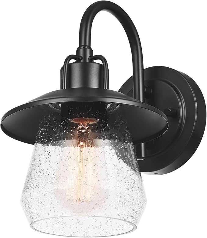 Globe Electric 60000012 1-Light Outdoor Wall Sconce, Matte Black, 7" Seeded Glass Shade, Curved Stem, Porch Light, Wall Lighting, Patio Décor