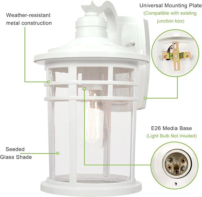 Darkaway Large Outdoor Porch Lights Wall Mount, 15inch Outdoor Wall Sconces with Seeded Glass Waterproof Exterior Lights for Patio Yard House Hallway Doorway Garage(Large, White)