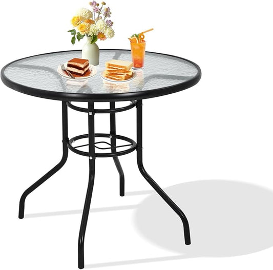 32'' Patio Bistro Table Round Outdoor Coffee Table, Round Tempered Glass Top with Umbrella Hole, Outdoor Dining Table for Balcony Backyard Lawn and Garden, Black