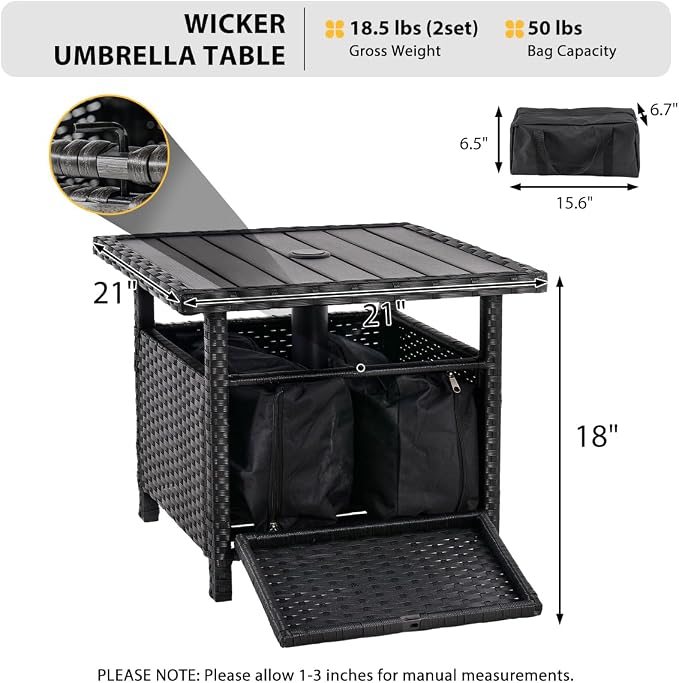 Sundale Outdoor Umbrella Stand with 2 Weight Bags, Patio 22 in Wicker Side Table with Umbrella Hole, All Weather Small Rattan Umbrella Base for Deck Yard Poolside Porch, Black