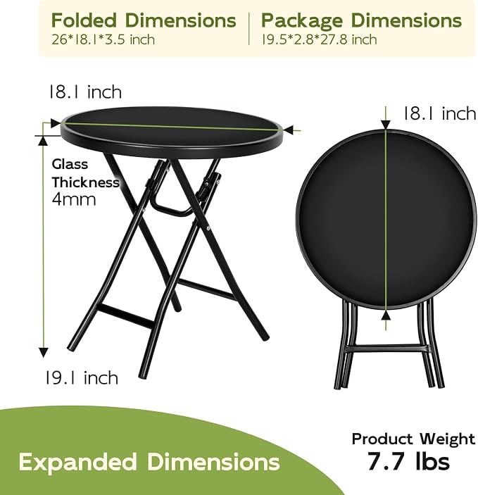 Abba Patio Bistro Table,18" Round Folding Side Table with Tempered Glass Tabletop,Small End Table for Outdoor Indoor Yard Garden Balcony Coffee, Black