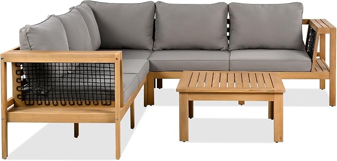 JIVOIT Acacia Wood Sofa Set, 4 Pieces Outdoor Conversation Set with Coffee Table, L-Shaped Patio Furniture Sofa with Woven Mesh Armrests, Cushions and Side Table, Adjustable Foots (Gray/201)