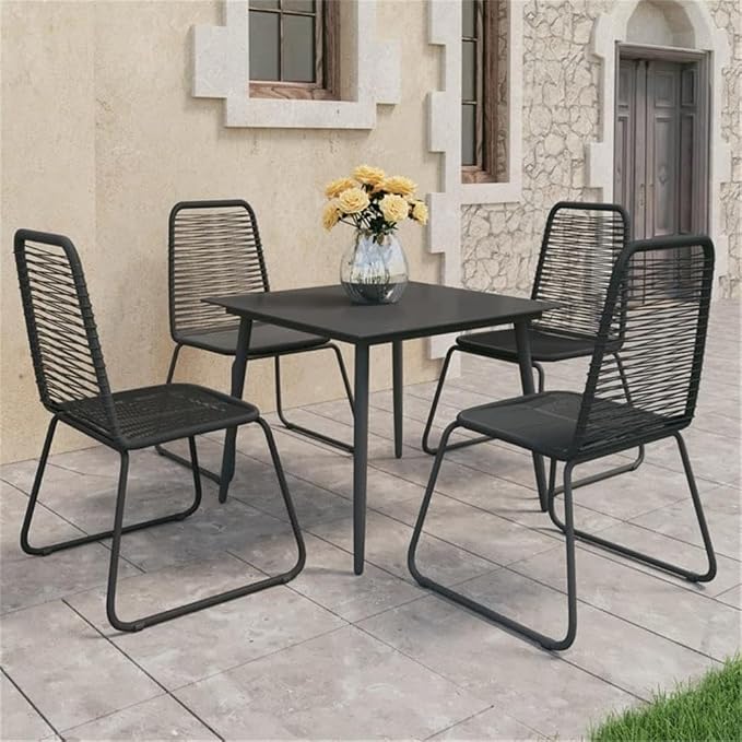 BOWERY HILL 5-Piece Patio Dining Set, Powder-Coated Steel Frame, PVC Rattan Chairs, Square Glass Table, Black Finish, Modern Design for Outdoor Garden, Patio, or Terrace Use