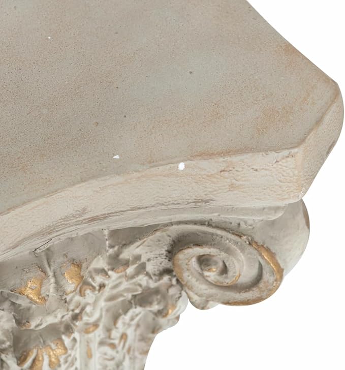 Small Side Table for Living Room, Farmhouse Rustic French Country MGO Pedestal Stand Ornate with Scrollwork Design and Gold Accents, Square Distressed Display Stand White 14x14x17.5