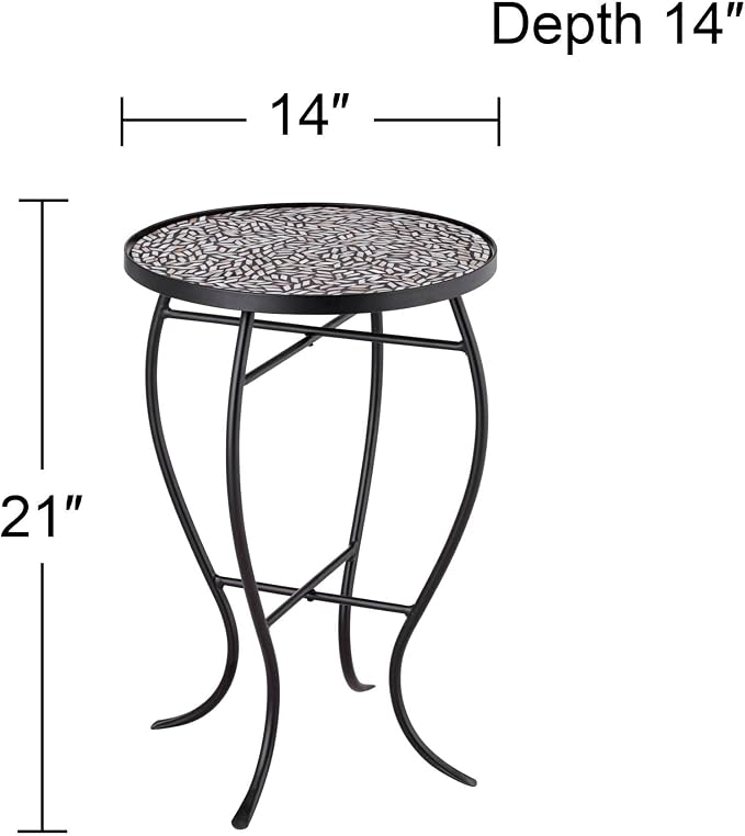 Teal Island Designs Zaltana Modern Black Metal Round Outdoor Accent Side Table 14" Wide Free-Form Mosaic Tile Tabletop Gracefully Curved Legs for Spaces Porch Patio Home House Balcony Yard Deck