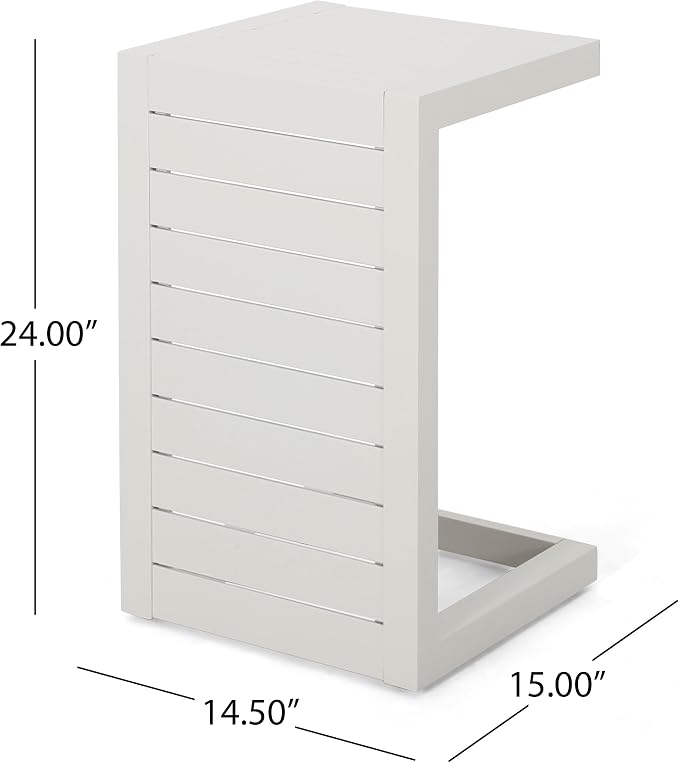 24" H Aluminium Patio Side Table, Small C-Shaped Outdoor Sofa Table,Coffee Table for Patio, Garden,Balcon,White