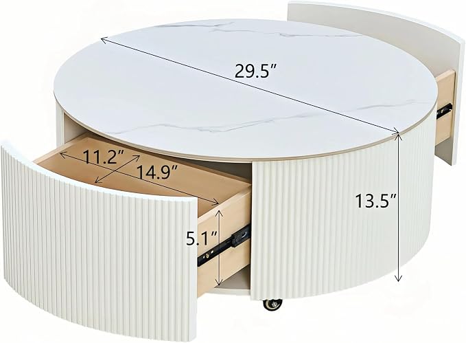 29.5'' Round Marble Coffee Table for Living Room Storage Coffee Table with 2 Drawers Modern Circle Center Tables Sintered Stone Accent Tea Tables for Apartment White
