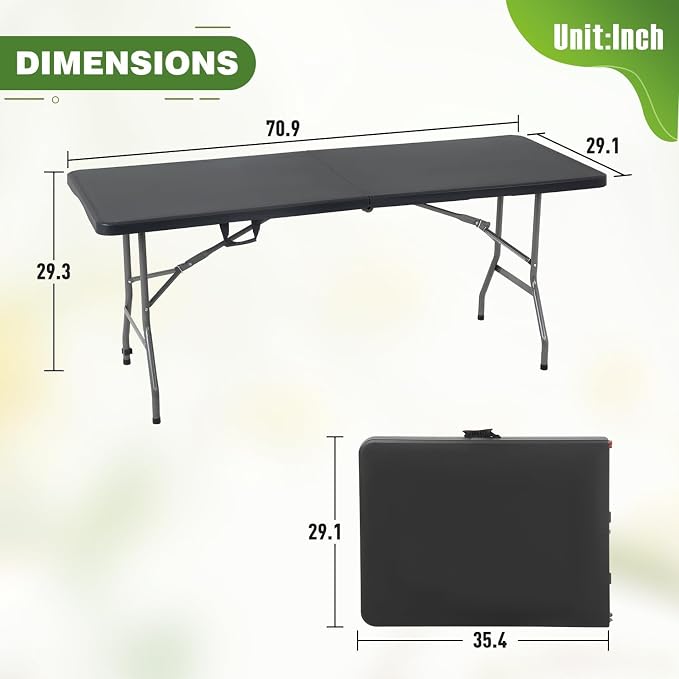 6FT White Folding Table, Portable Collapsible Dinner Table – Indoor/Outdoor Use for Camping, Patio, Yard, Wedding, Party & Cocktail Display, 500LBS (Black)