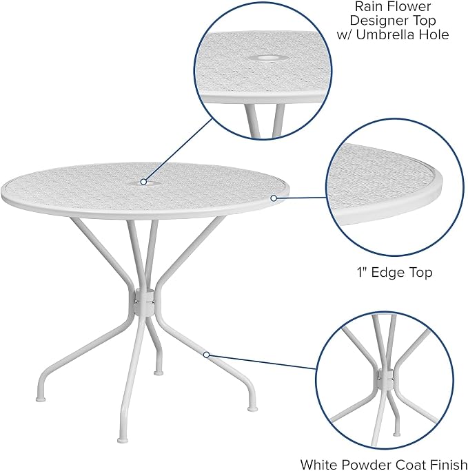 Flash Furniture Oia Commercial Grade 35.25" Round White Indoor-Outdoor Steel Patio Table with Umbrella Hole