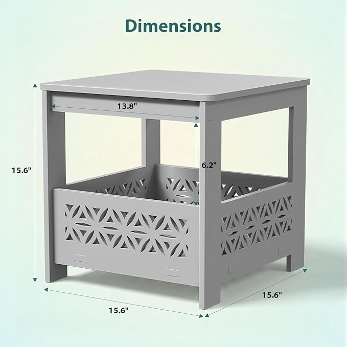 VINGLI Outdoor Side Table with Storage, 15.6" Square Resin Patio End Table, Weatherproof Rustproof Balcony Backyard Poolside Small Table (Gray)