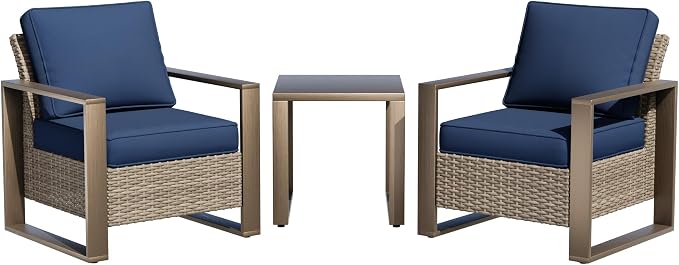 Outdoor Wicker Metal Chairs Set of 2 with Matching Side Table - 3 Pieces Patio Bistro Set with Removable Olefin Fabric Cushions & Rectangular Framed Wood-Looking Metal Armrest, Dark Blue