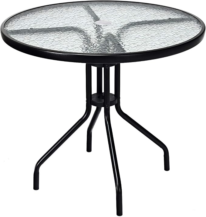 Goplus 32" Outdoor Round Patio Table with Umbrella Hole, All Weather Dining Table Tempered Glass Top, Bistro Table Coffee Table Furniture Commercial Party Event for Backyard Lawn Balcony Pool