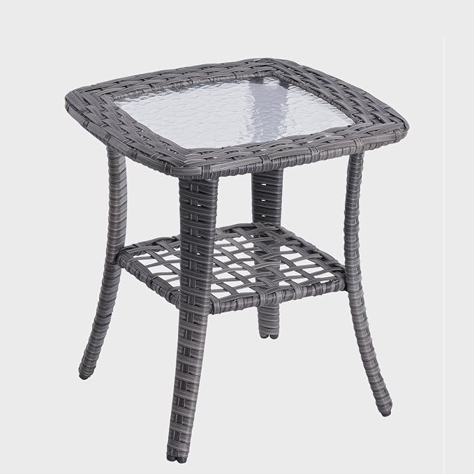 HOOOWOOO Outdoor Patio Side Table with 2 Layers,Wicker Coffee End Table Glass Top,Deck Table for Yard,Deck,Porch,Garden(Grey)