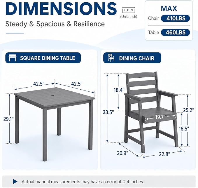 HDPE Outdoor Dining Set for 6, Modular Tables & 6 Armchairs | • Expandable 2-Table Combo • Dual 2" Umbrella Openings • 410 lbs High Weight Limit • All-Weather Polywood