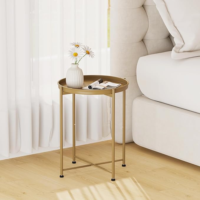 Garden 4 you Small Side Table, Gold Mini Round End Table, Tray Table with Metal Frame, Modern Nightstand for Living Room, Bedroom, Patio, Small Space, 2pcs
