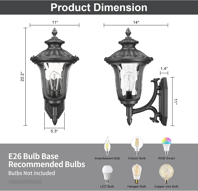 Outdoor Light Fixtures Wall Mount, Waterproof Exterior Wall Lanterns with Waer Ripple Glass, Outside Sconces, Front Porch Lights for House Garage Doorway Patio, 22'' Large Black